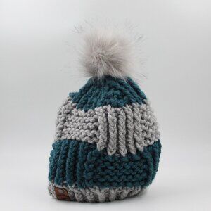 Handmade Hand Knit Blue Box Stitch Knit Hat for Kids Removable Pompom 6/10 y
